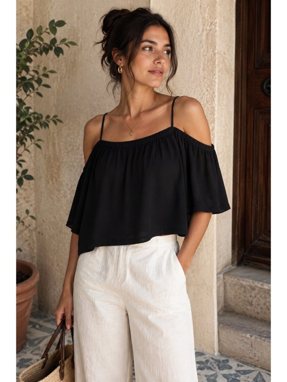 The Tiny Big Sister Top Size 40 Black Viscose Cold Shoulder Strappy Flowy Blouse